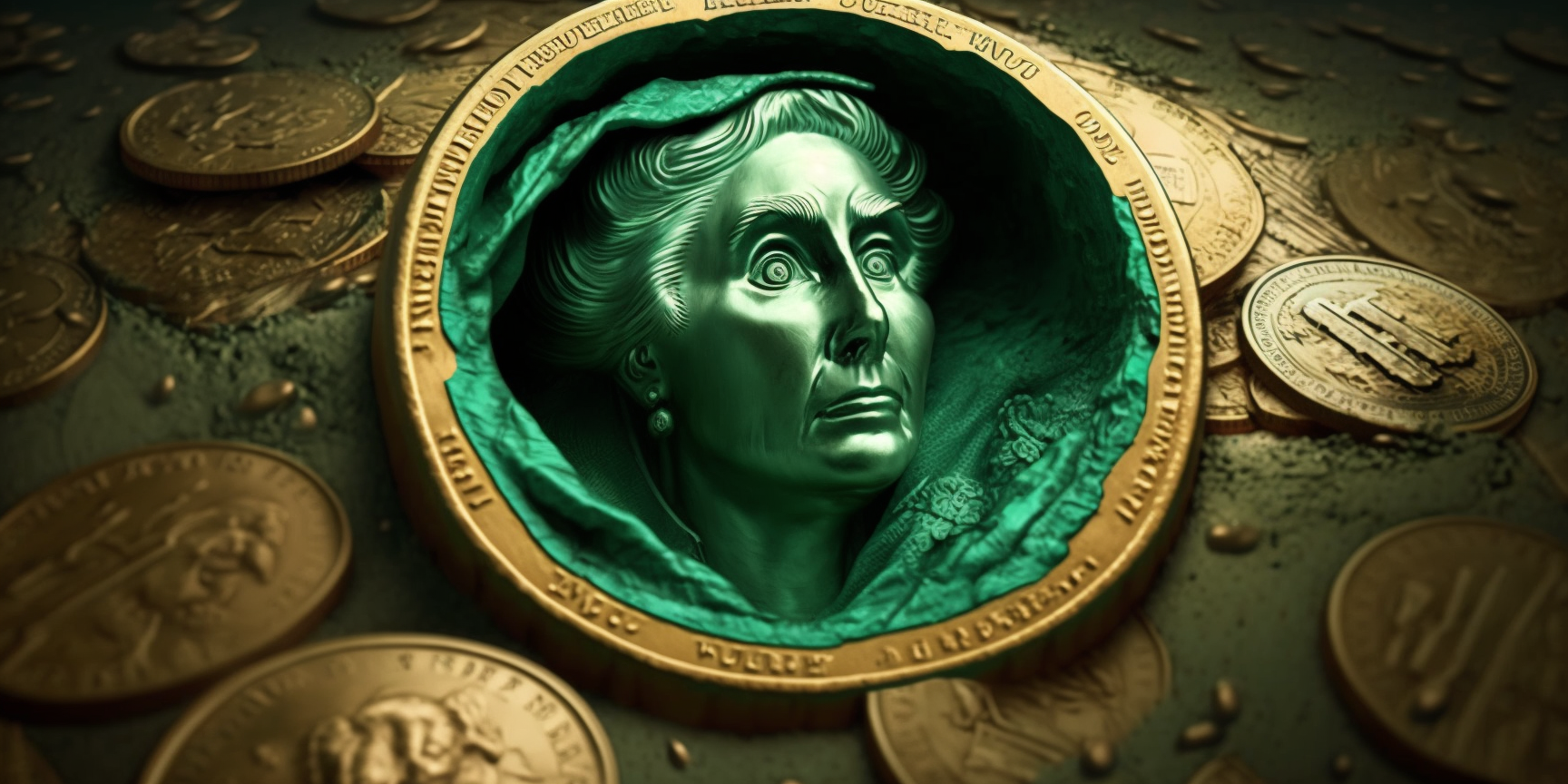 A coin with a green portrait of a terrified woman