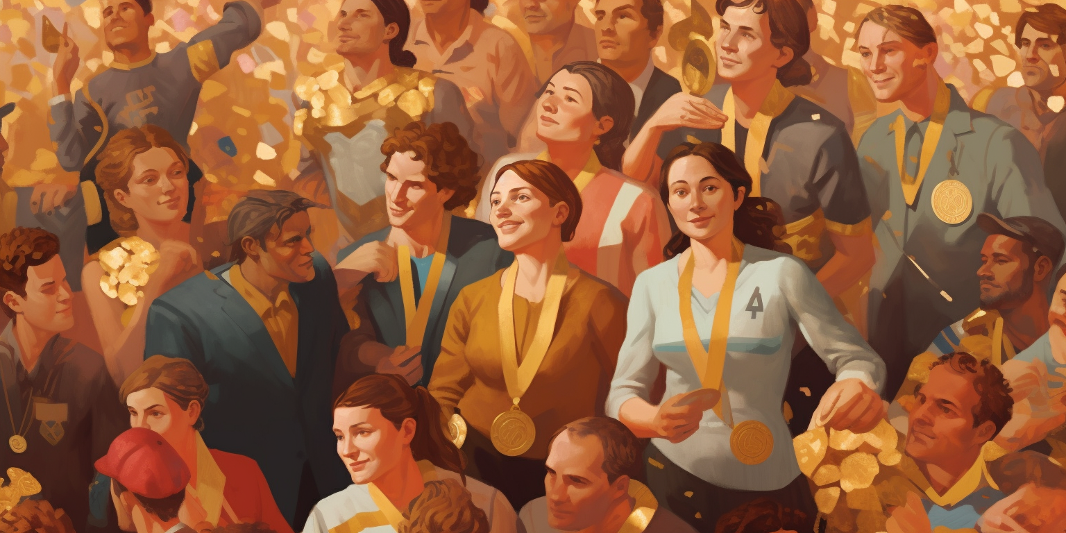 A crowd of people wearing gold medals for loyalty