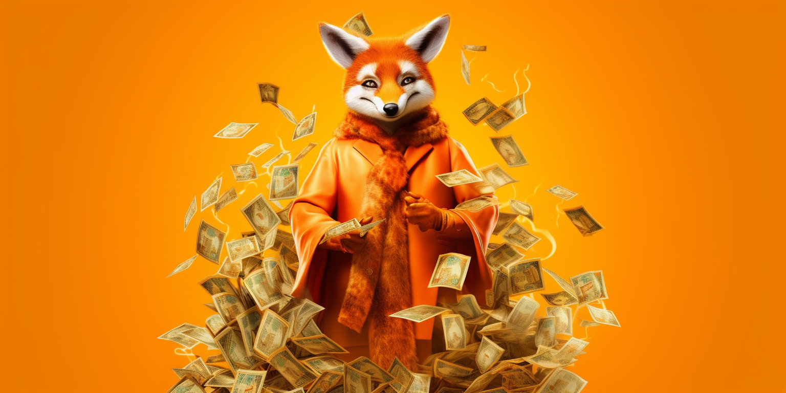 A fox carries piles of money
