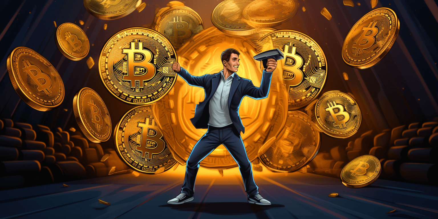A happy man, standing in front of BTC coins