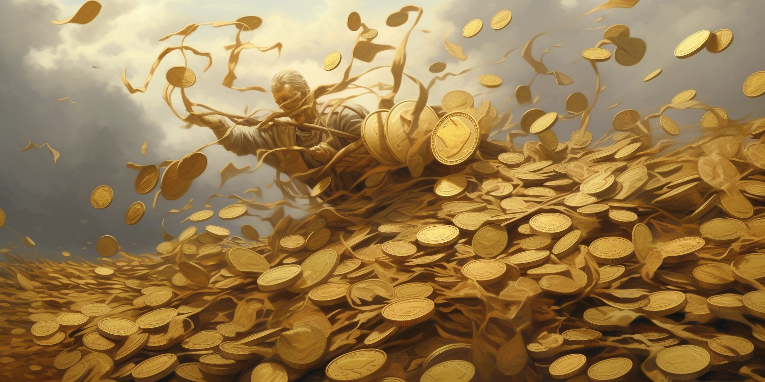 A person surrounded by a wind carrying coins
