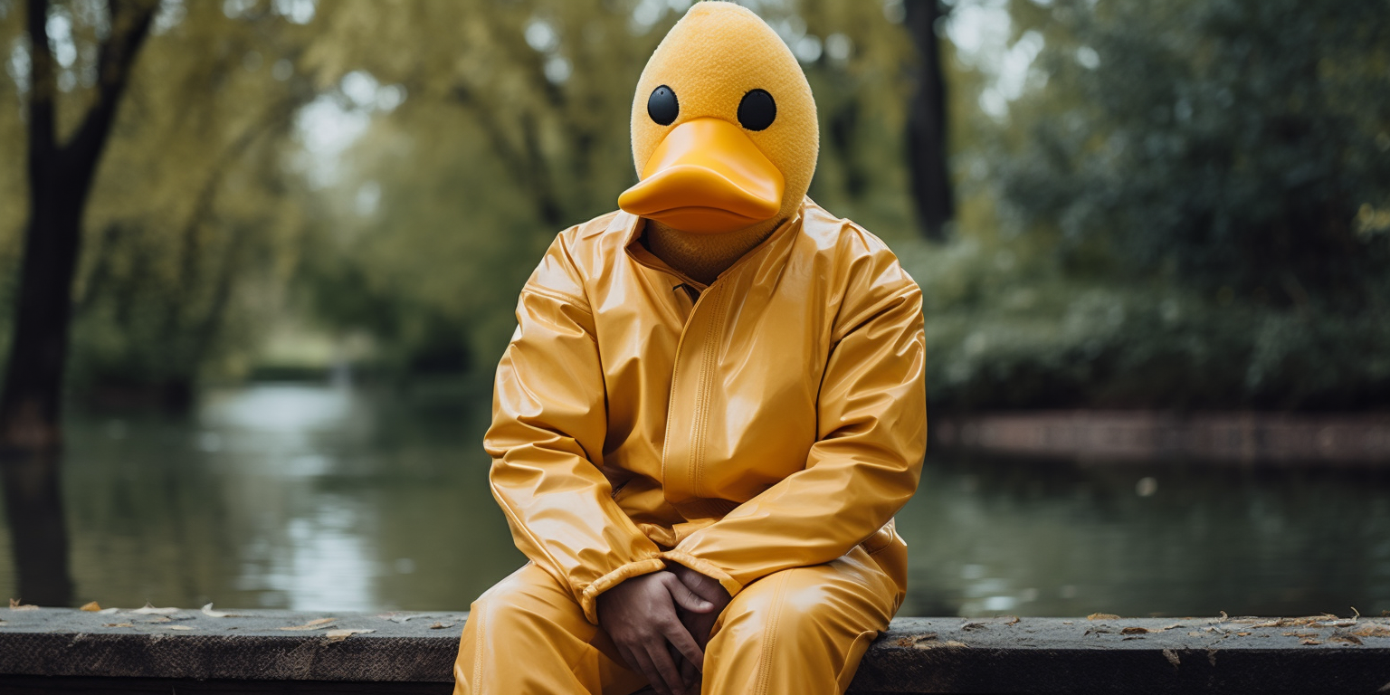 A sad man wearing a duck costume