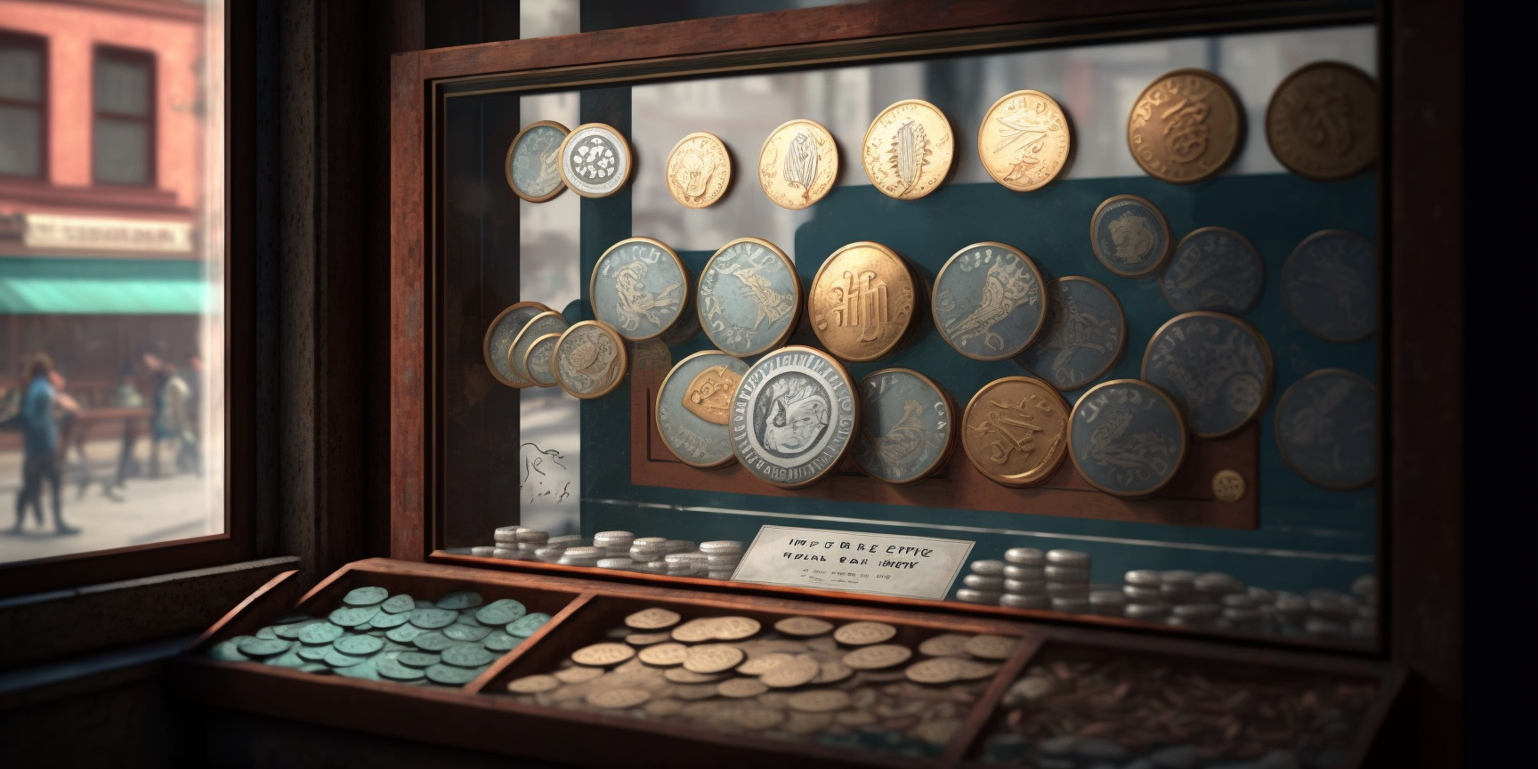 A shop window with coins