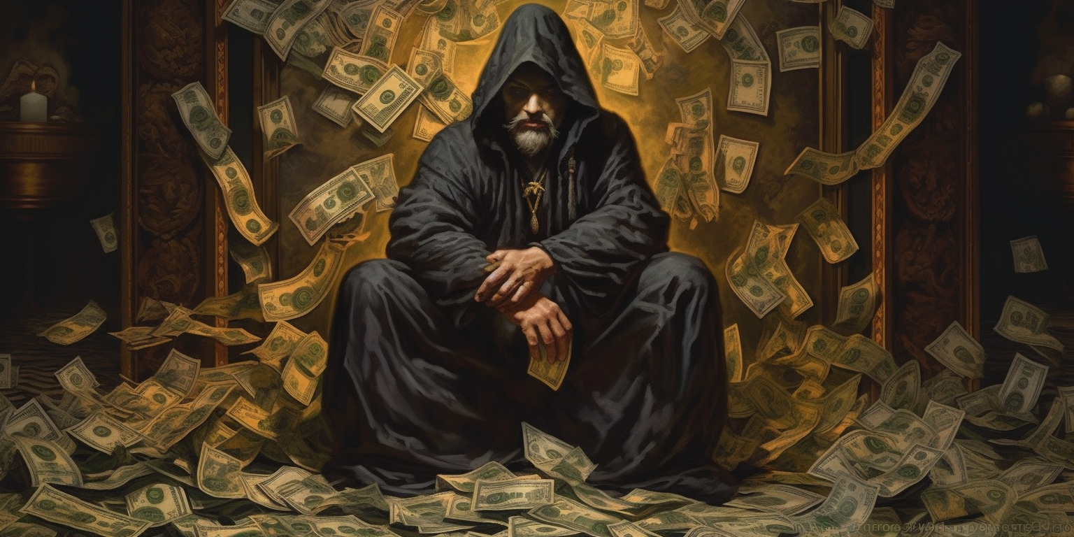 A thief sitting on a pile of dollars