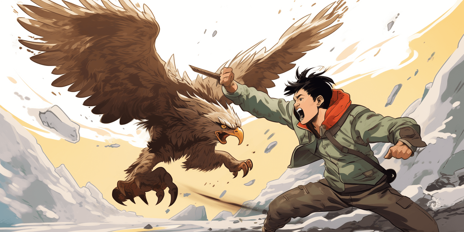 A young man fighting an eagle