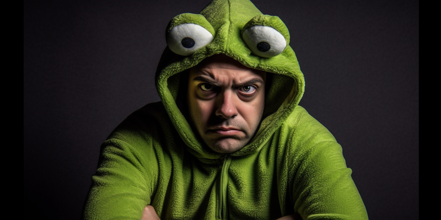 Angry man wearing a frog costume
