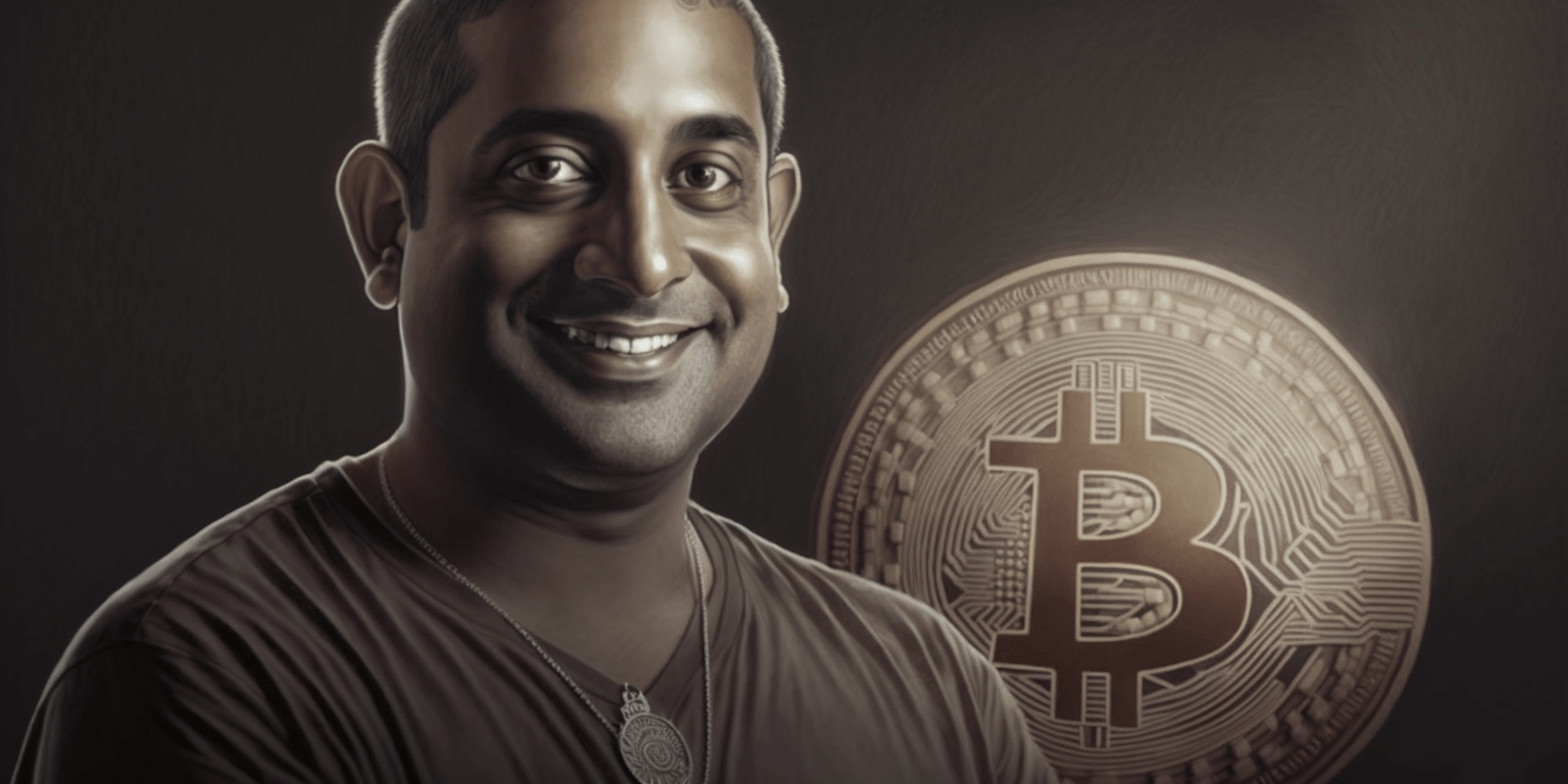 Balaji Srinivasan holding bitcoin, image generated by Midjourney. 