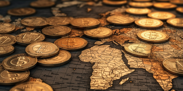 Bitcoin coins lying on the world's map