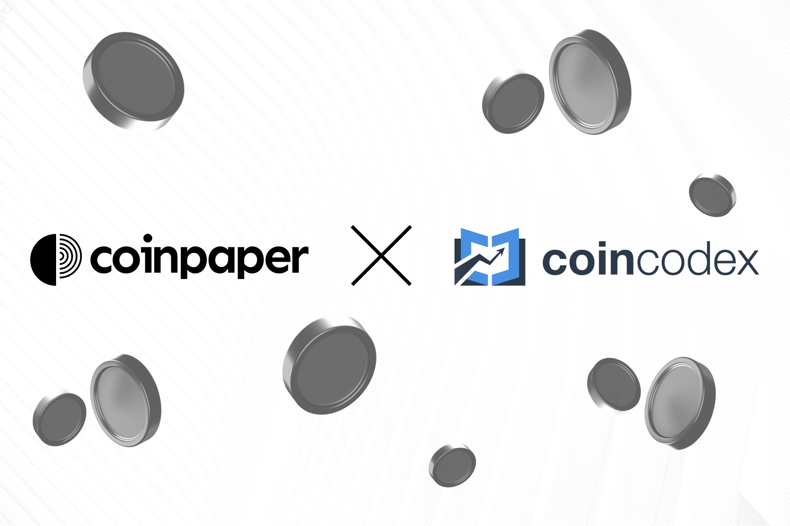 CoinCodex x Coinpaper logos on white background with silver coins