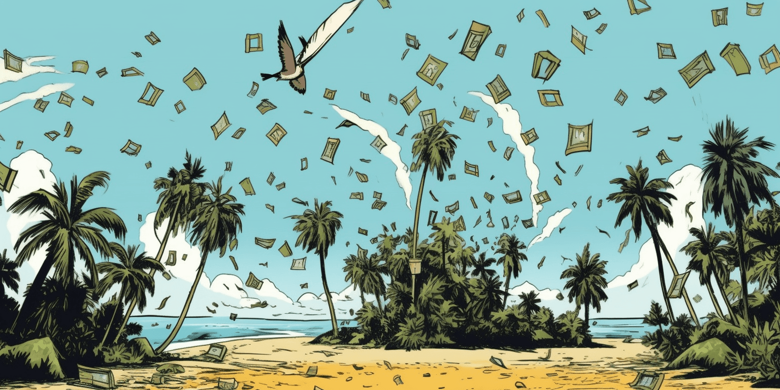 tax haven tropical island, money falling from the sky, art generated by Midjourney