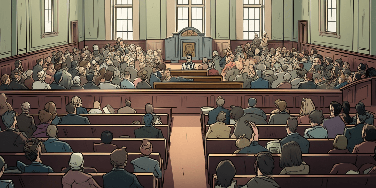 A court room in the US full of people, art generated by Midjourney. 