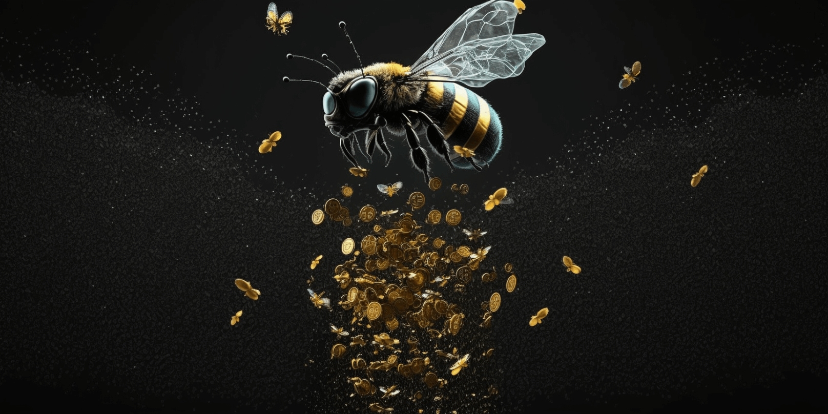 Crypto coupon, bee on black background, money falling from the air, art generated by Midjourney