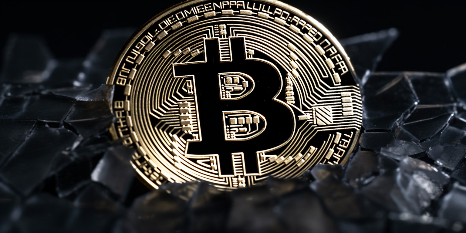 Cracked glass surrounding Bitcoin coin