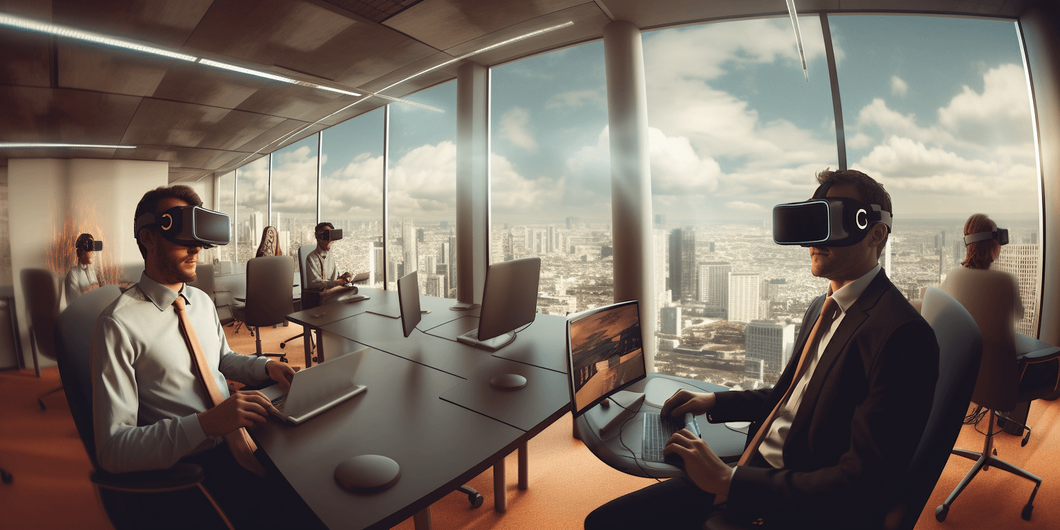 Office workers in virtual reality, art generated by Midjourney