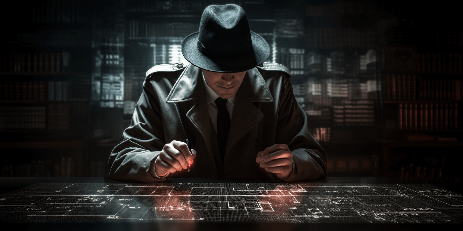 Detective examining the lines of a computer code on the screen with a magnifying glass