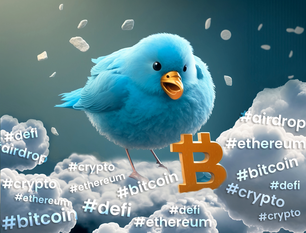 Blue Twitter bird with Bitcoin logo standing on the clouds of crypto hashtags