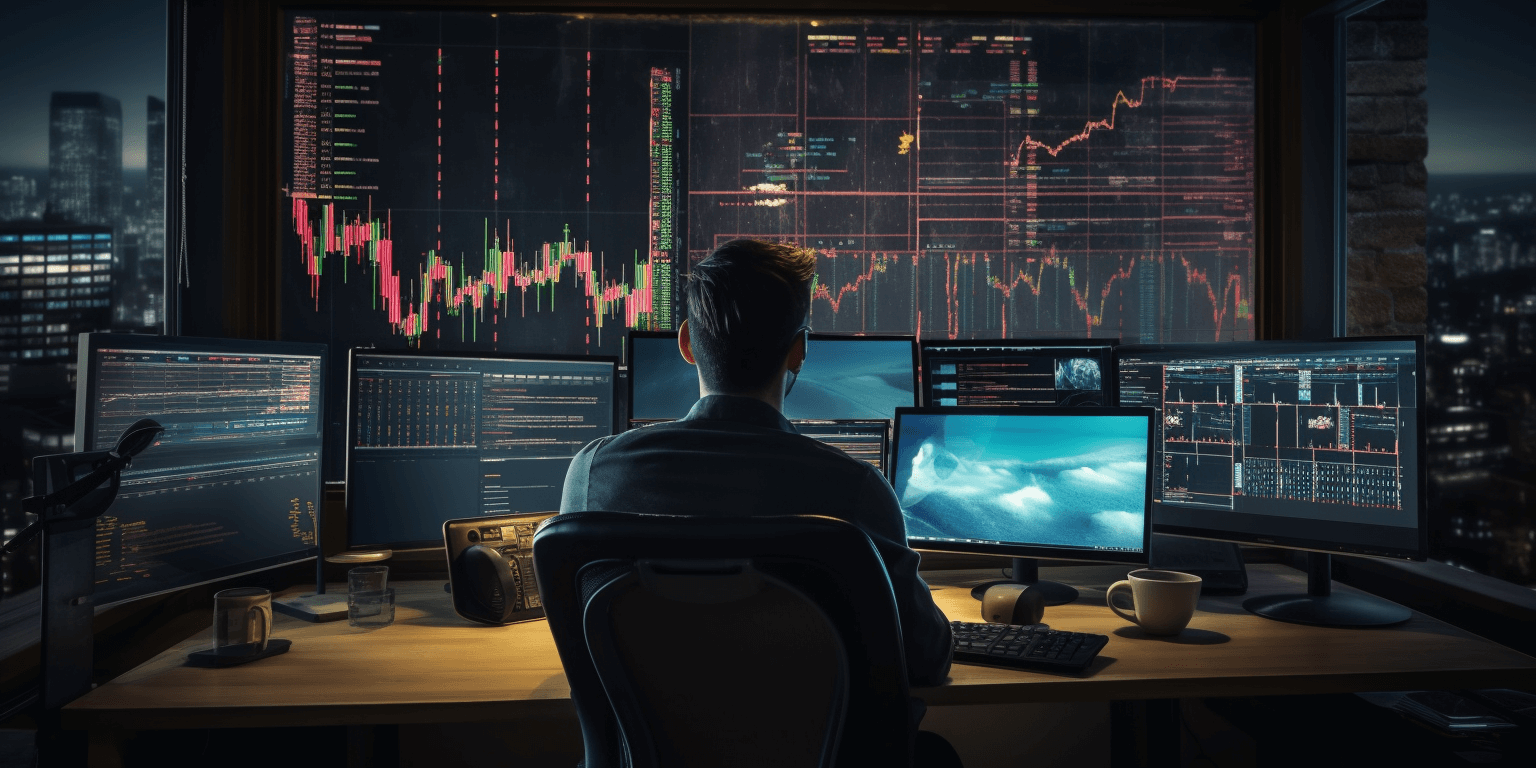 Trader sitting in front of a big monitor observing many cryptocurrency indices, art by Midjourney. 