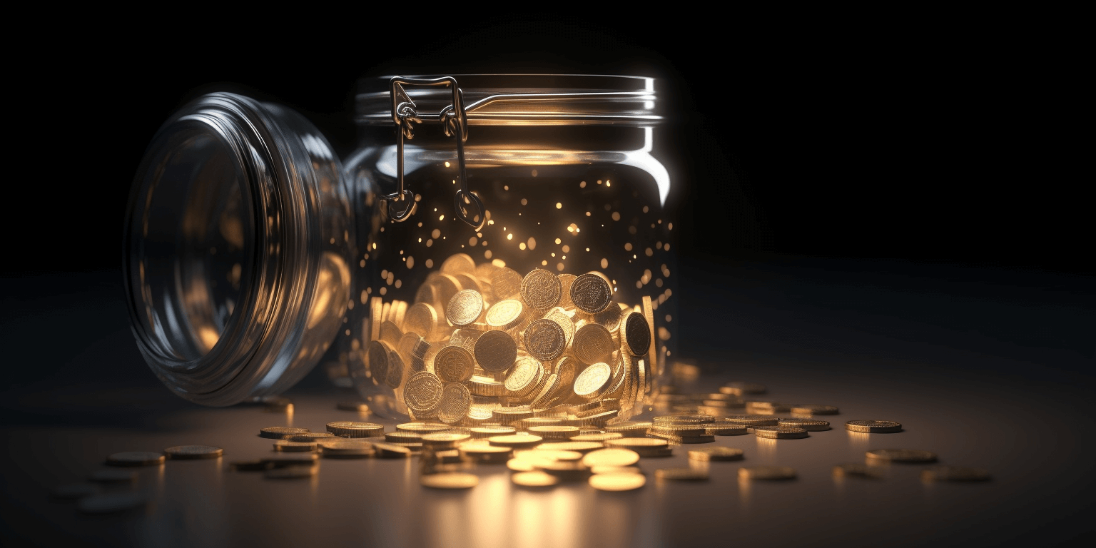 Many crypto coins flowing into one transparent jar, art generated by Midjourney.