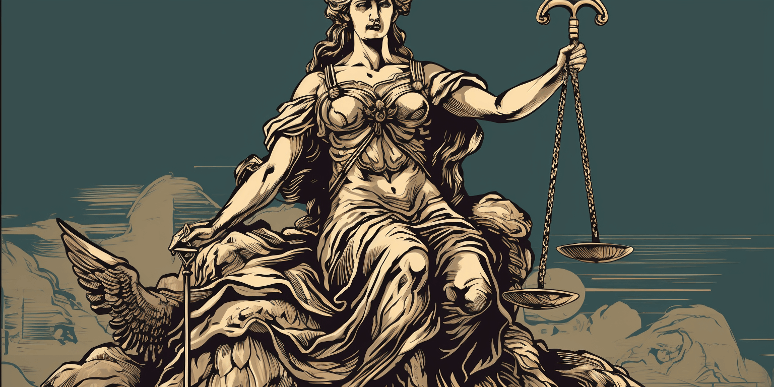 A statue of Femida goddess of justice with scales and sword, art generated by Midjourney. 