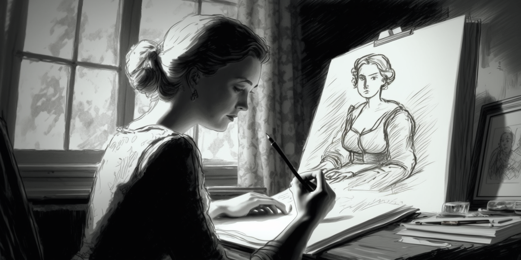 Drawing of a woman painting a picture
