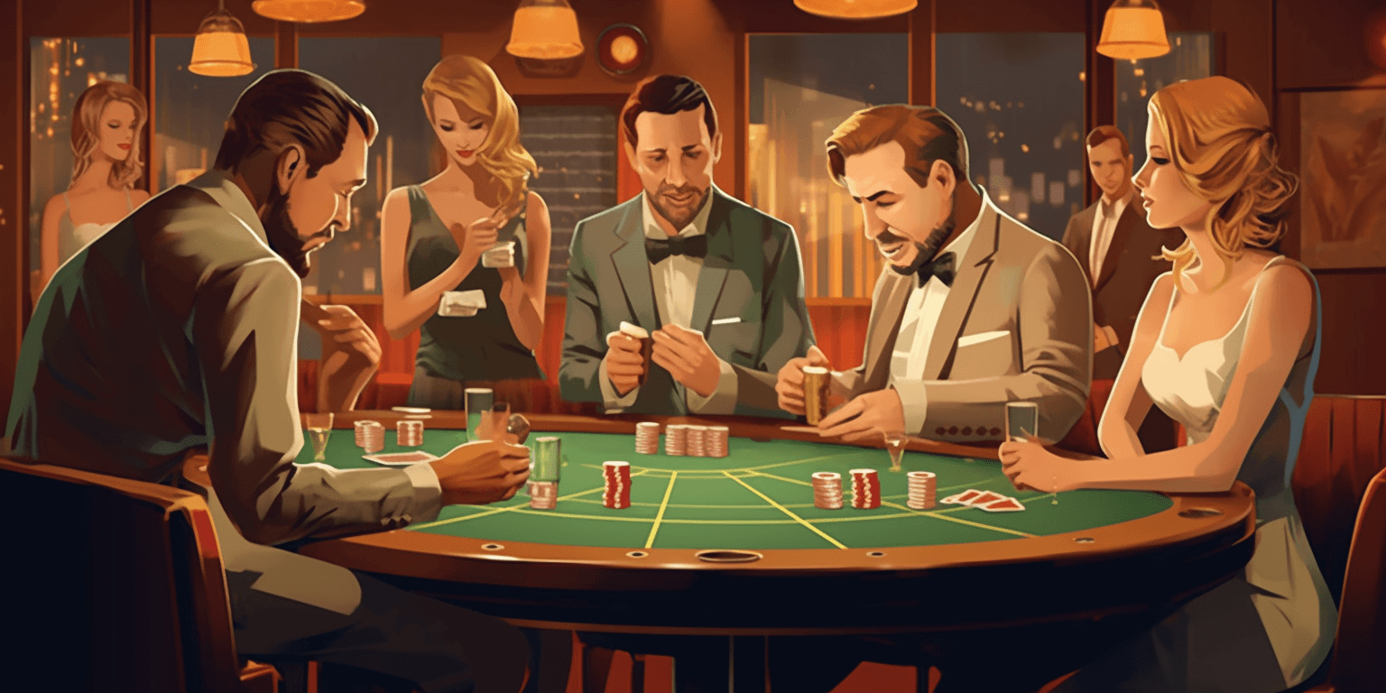 Well dressed people playing poker in a bitcoin casino, art generated by Midjourney. 