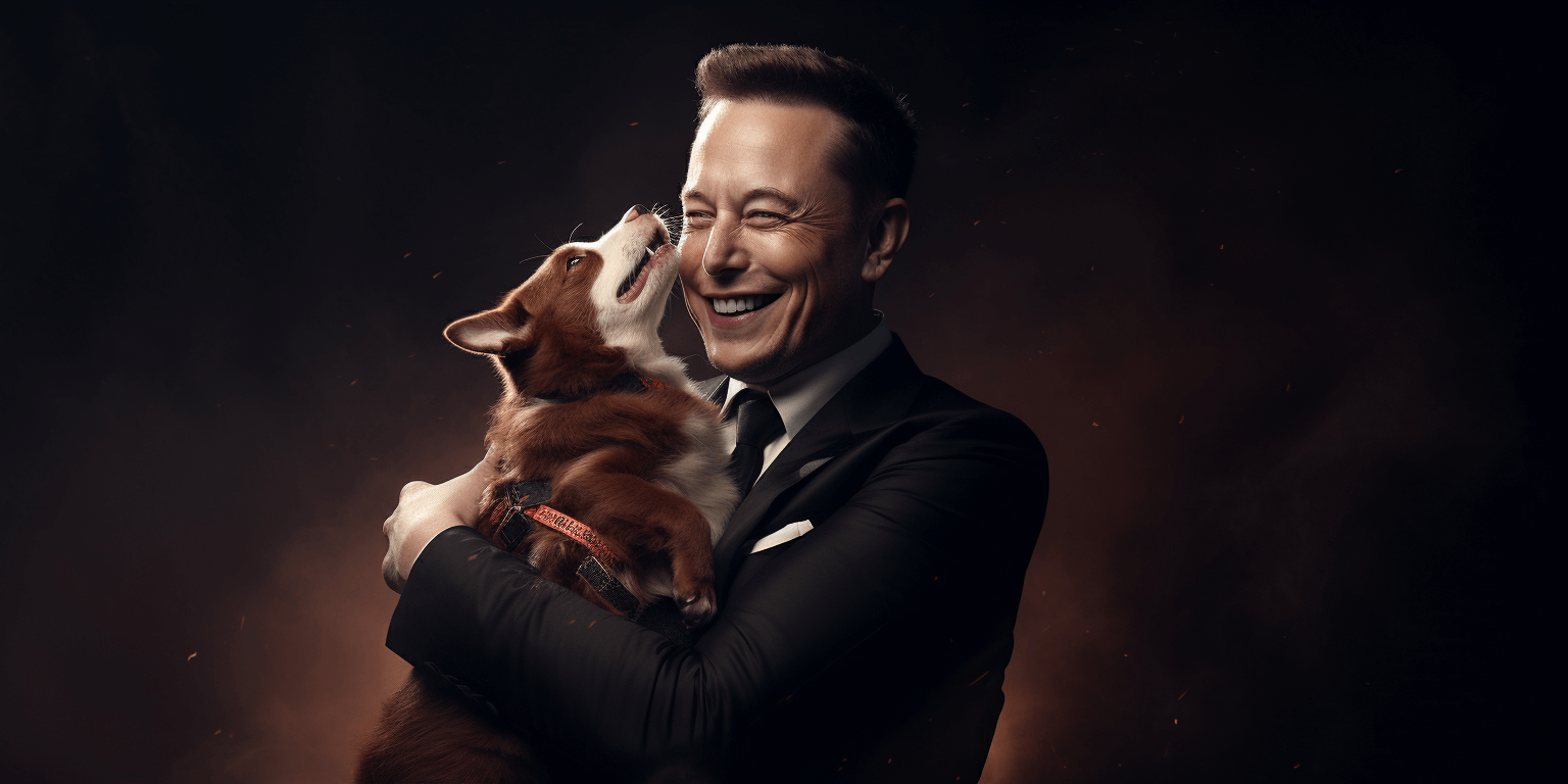 Elon Musk hugs doge, smiles to the camera, studio photography, art generated by Midjourney