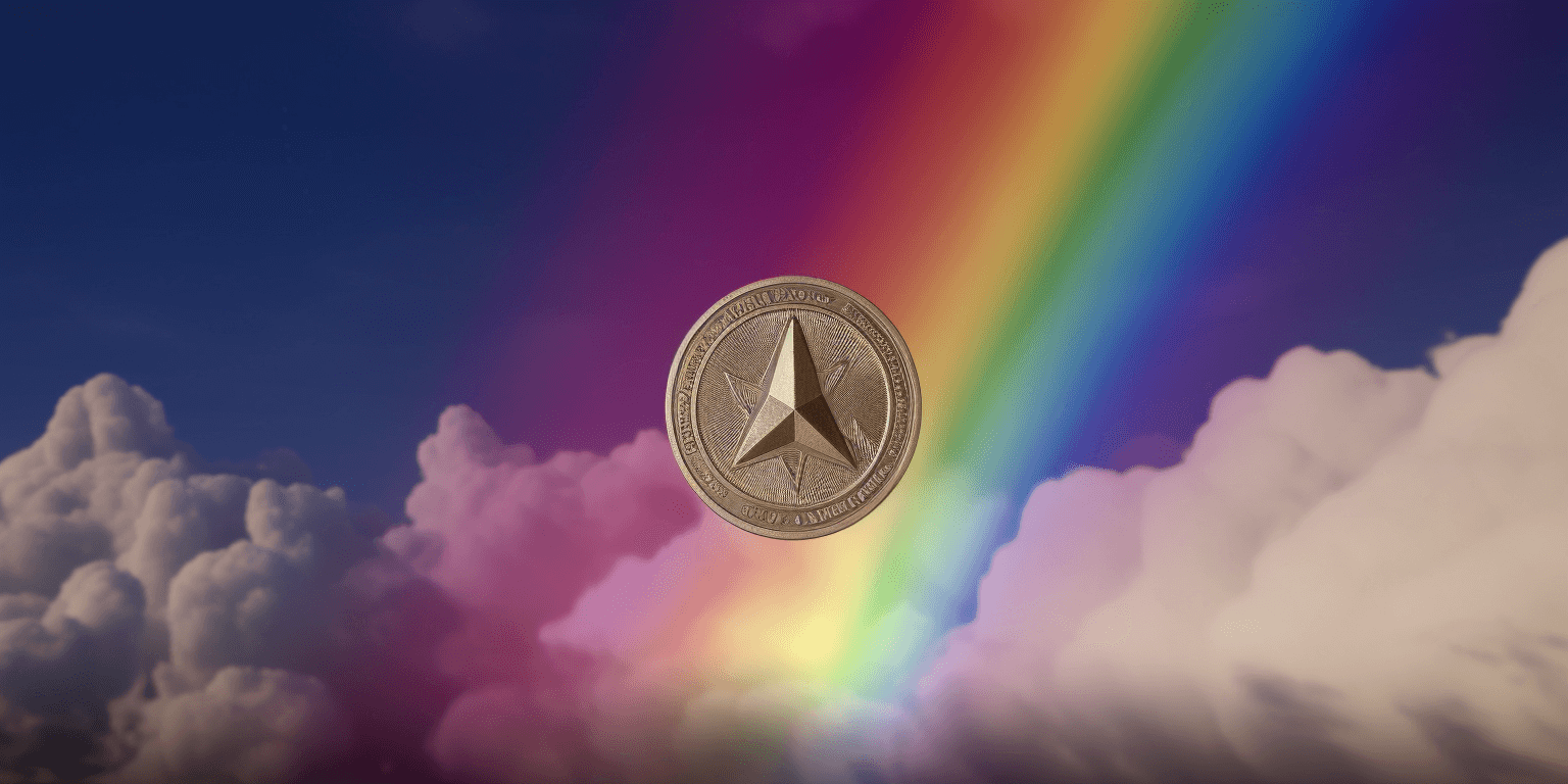 Ethereum coin on a rainbow in the sky, art generated by Midjourney.