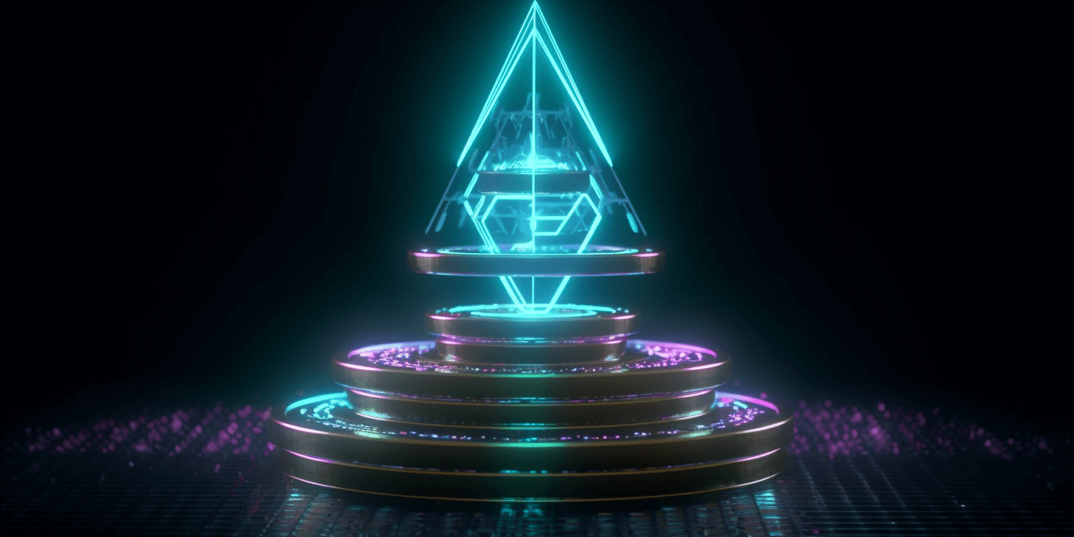 Ethereum coin levitating above stacks of coins, art generated by Midjourney