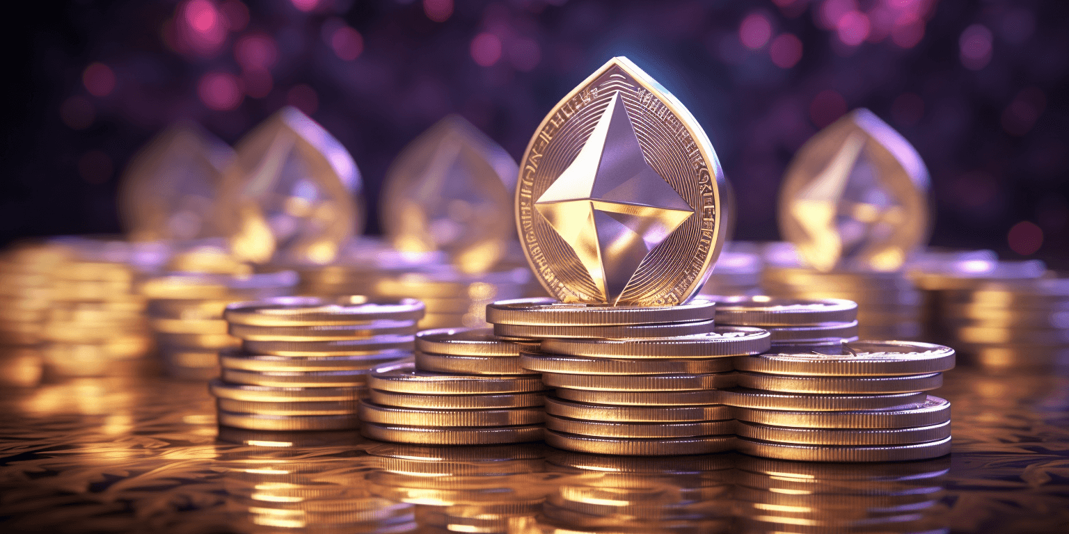Ethereum coins gong up in price, investing concept, stock market, art generated by Midjourney