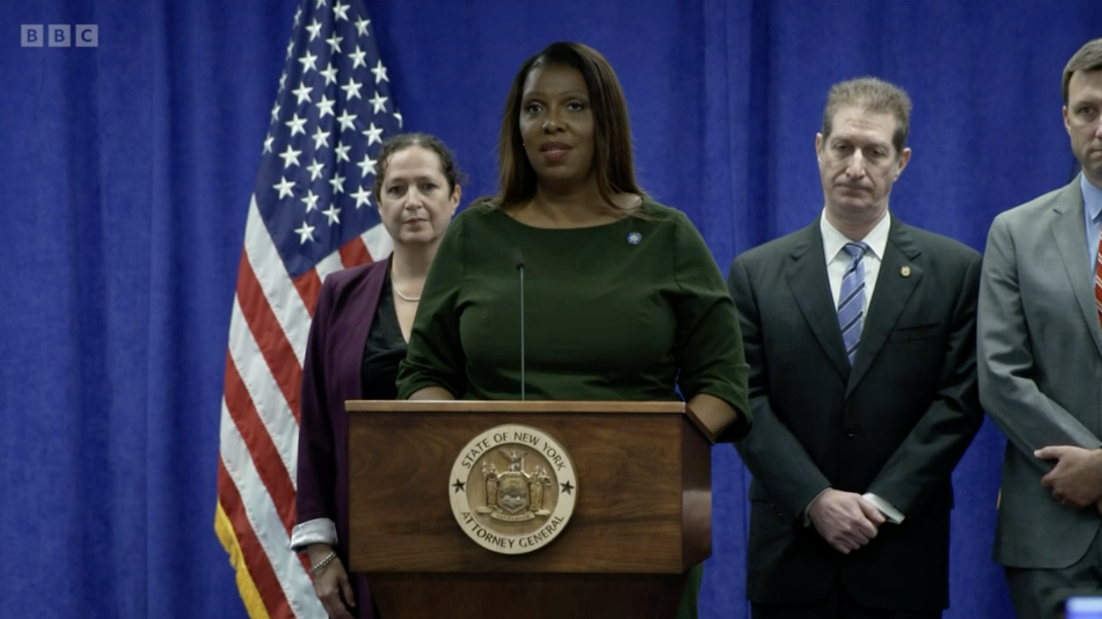 New York attorney general Letitia James (center). Image: BBC
