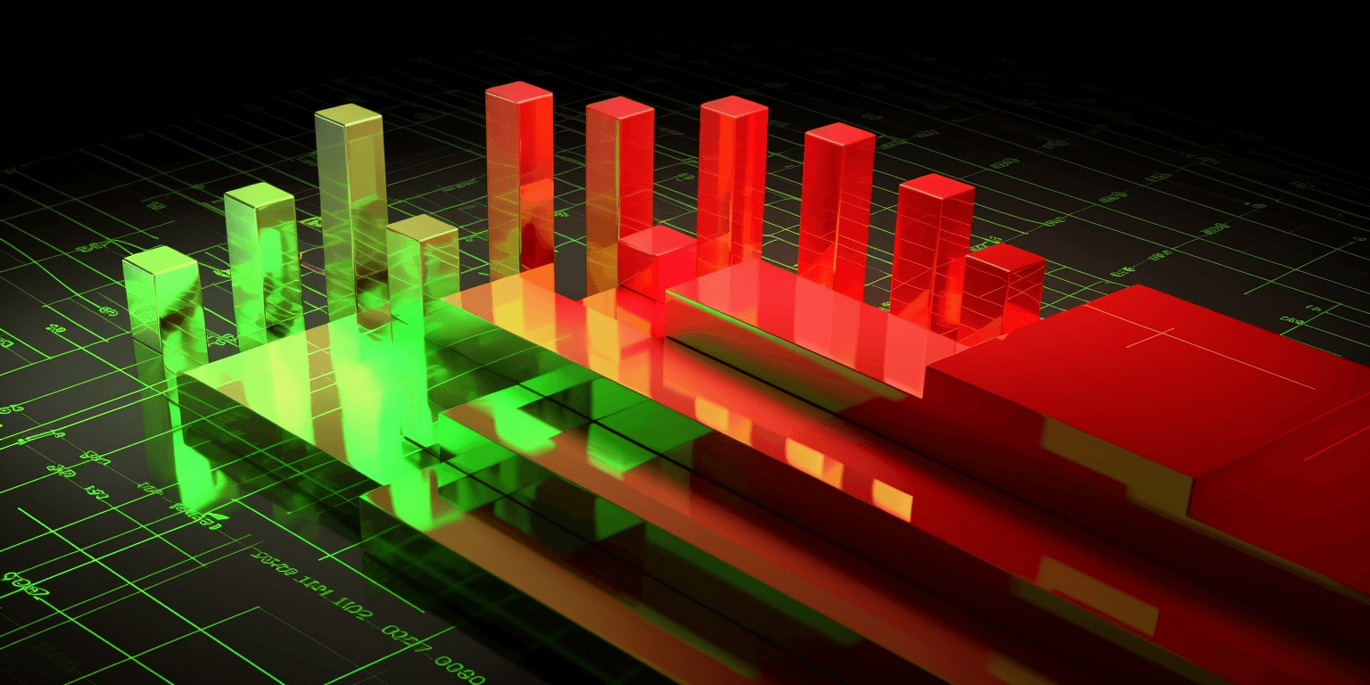Layered financial charts, red and green, art generated by Midjourney