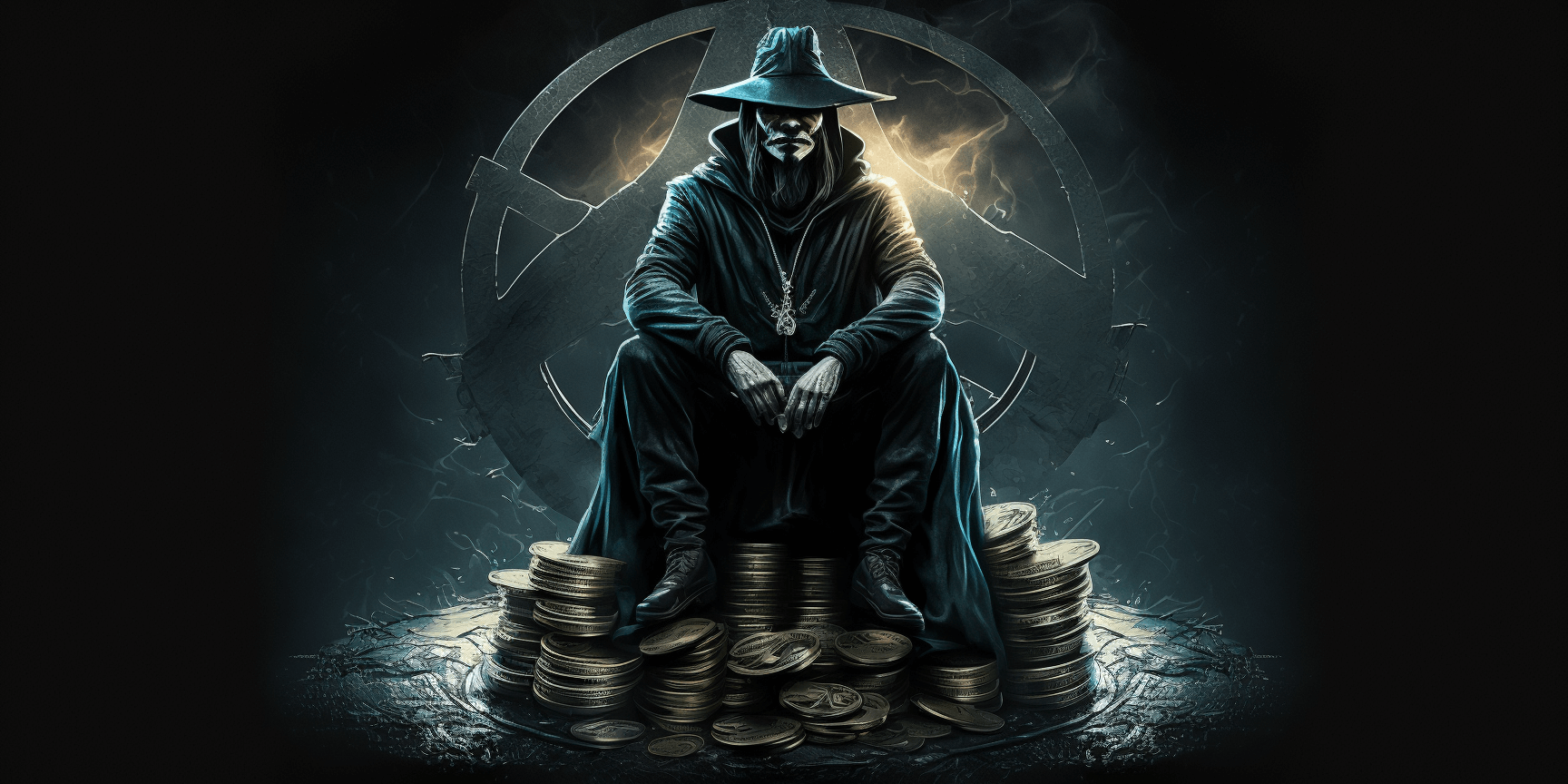 Hacker sitting on top of crypto tokens, generated by Midjourney.