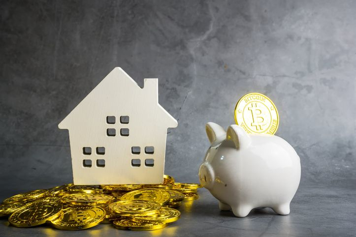 A stock photo featuring Bitcoin coins, a toy house, and a piggy bank