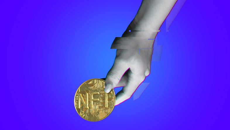 A stock image of a distorted hand holding NFT coin. 