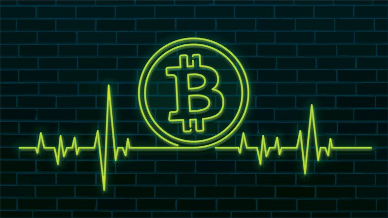 A stock photo featuring a neon Bitcoin icon and a heartbeat line on a dark brick wall