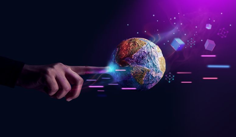 A stock image featuring a hand touching a small globe on the futuristic background.