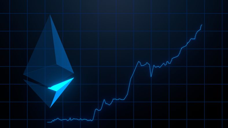 A stock photo featuring Ethereum neon logo with a chart going up