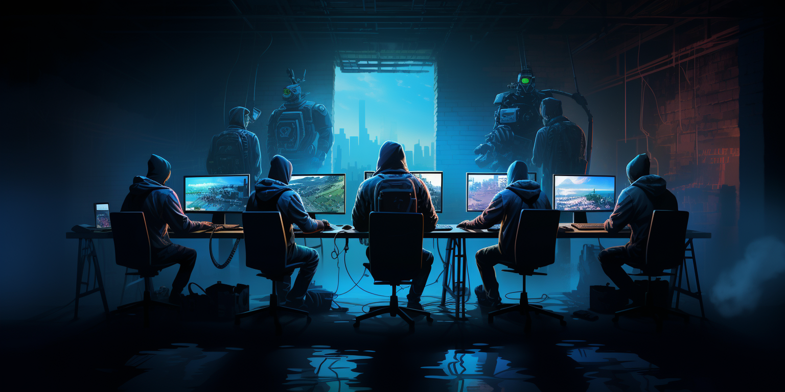 Hackers working on their computers in the same room