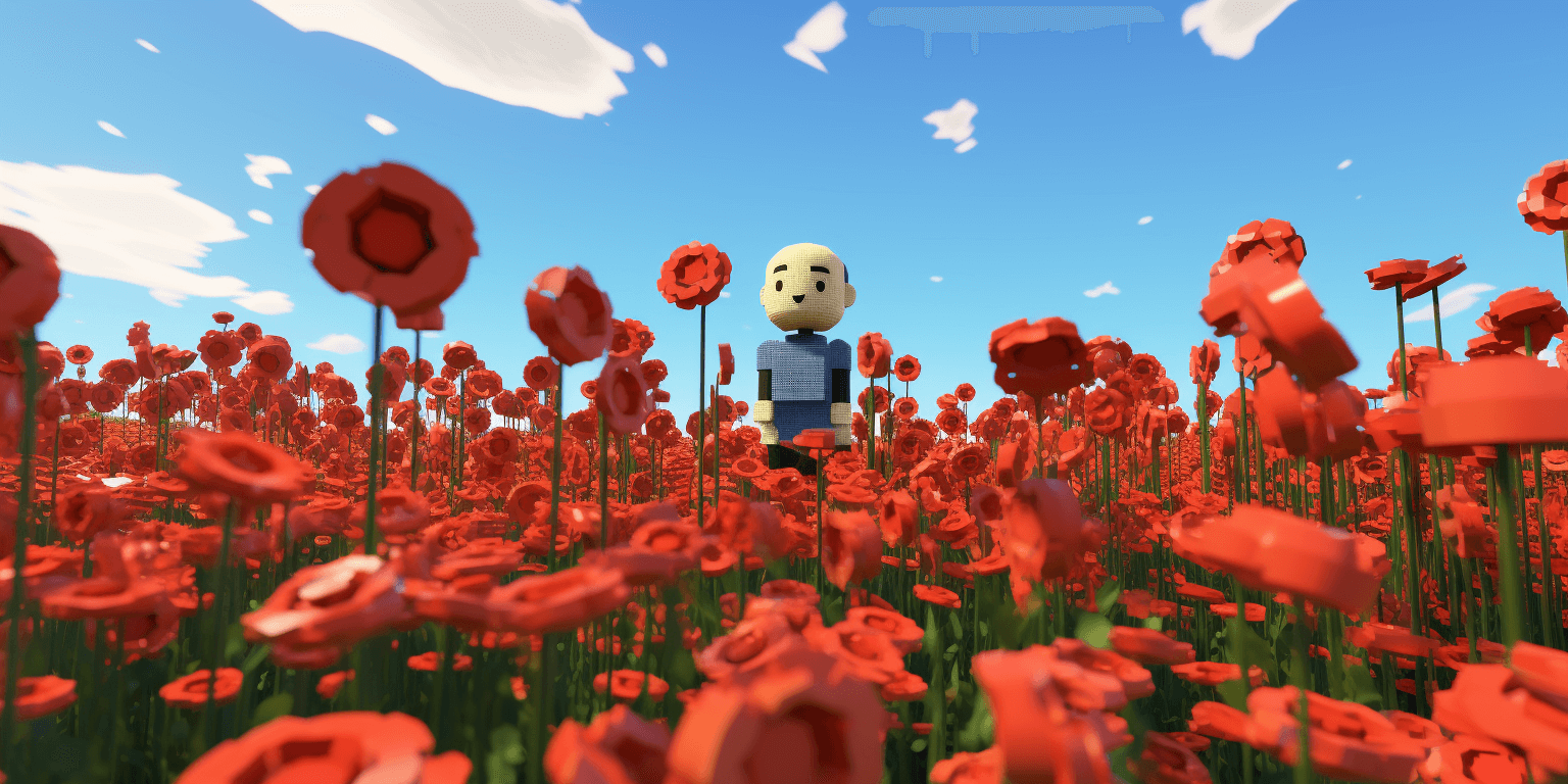 Roblox avatar on the field of flowers, art generated by Midjourney. 