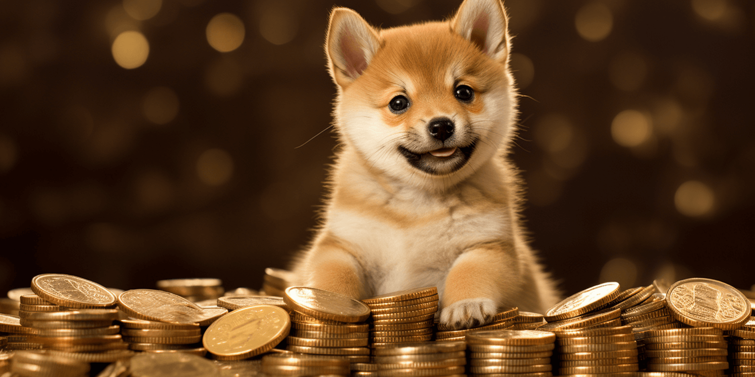 Happy Shiba Inu puppy sitting on the pile of gold coins, art by Midjourney