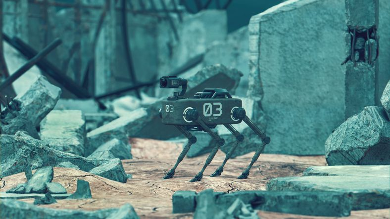 An image of a robotic dog standing in rubble. 