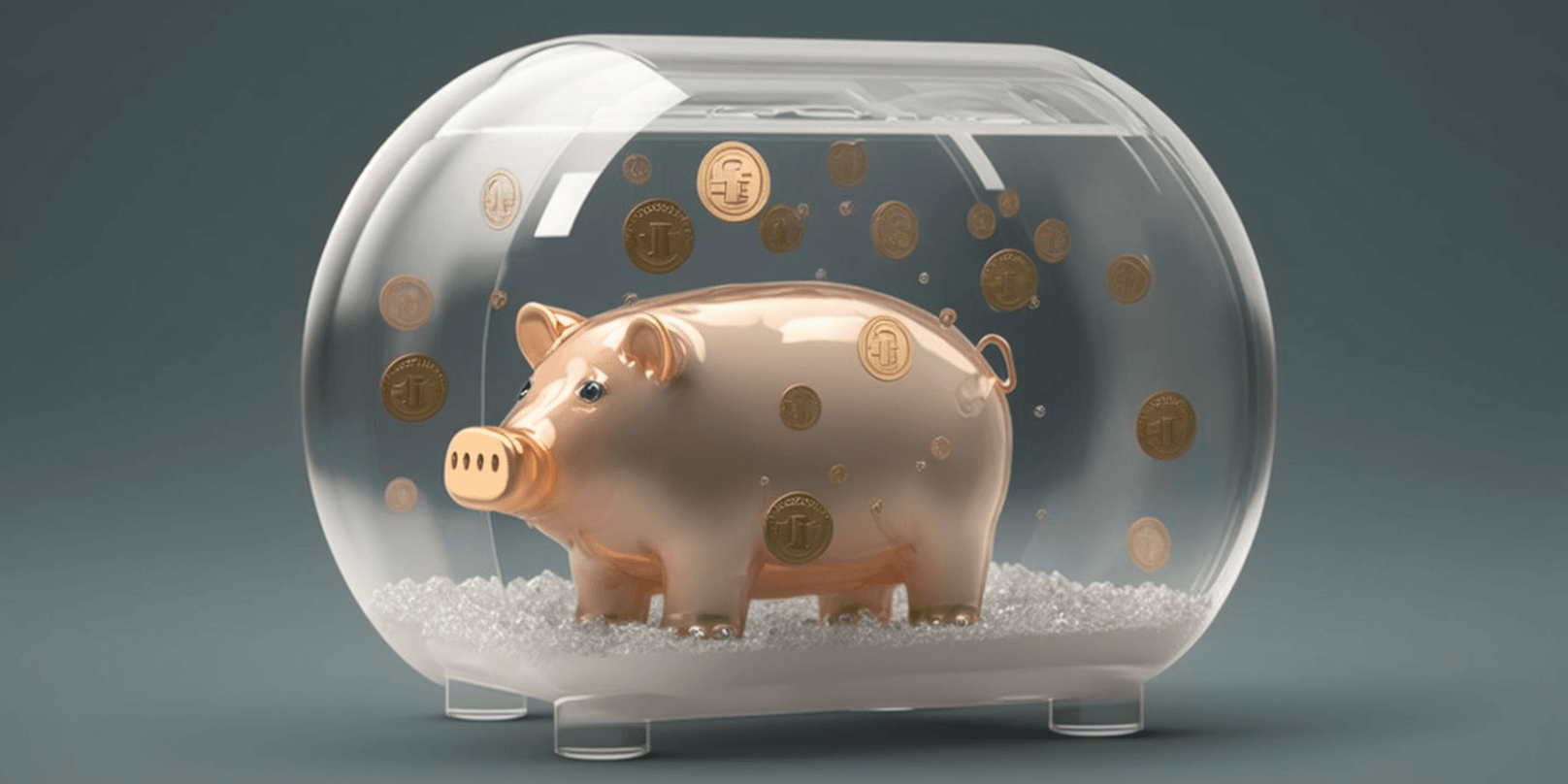 Transparent piggy bank with bitcoins inside, art generated by Midjourney