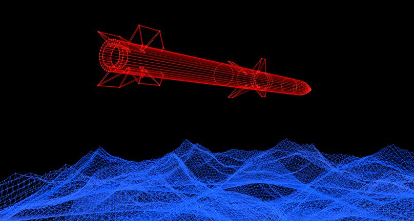 Digital rendering of red missile over blue water