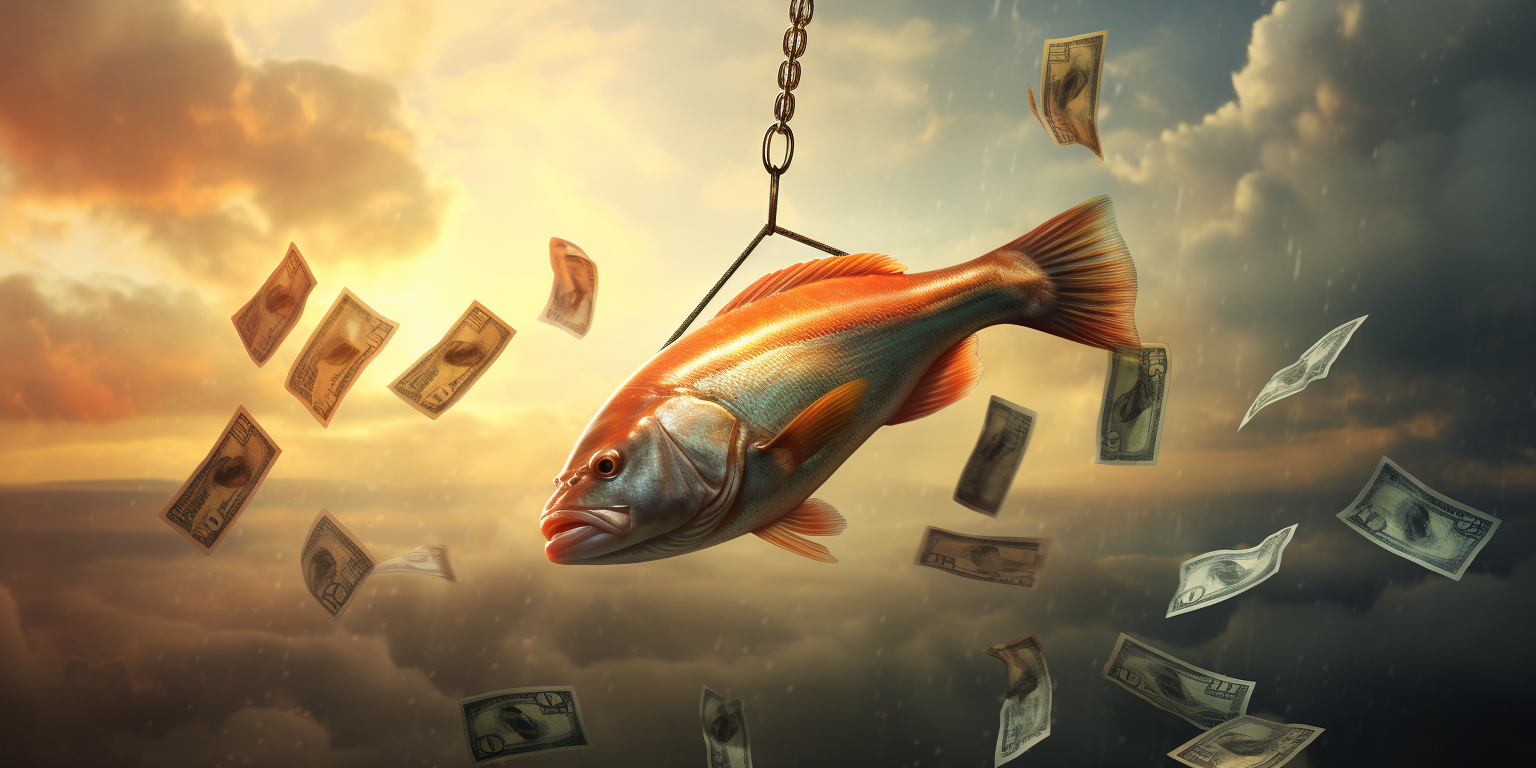 Money surrounding a hanging fish