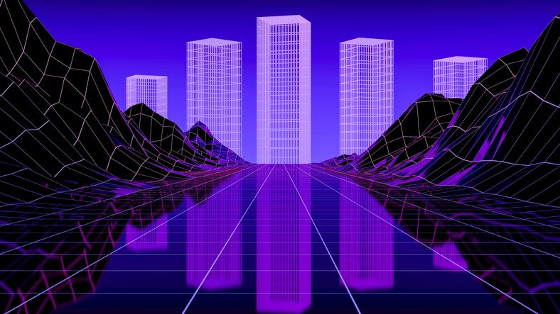 3d synthwave metaverse neon landscape with glowing skyscrapers and grid.