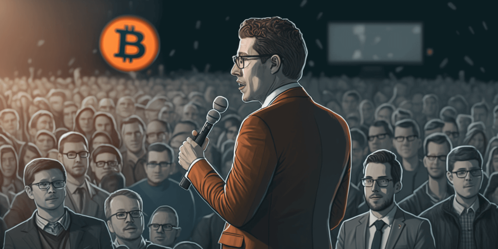 Man talking to the crowd about Bitcoin, art generated by Midjourney