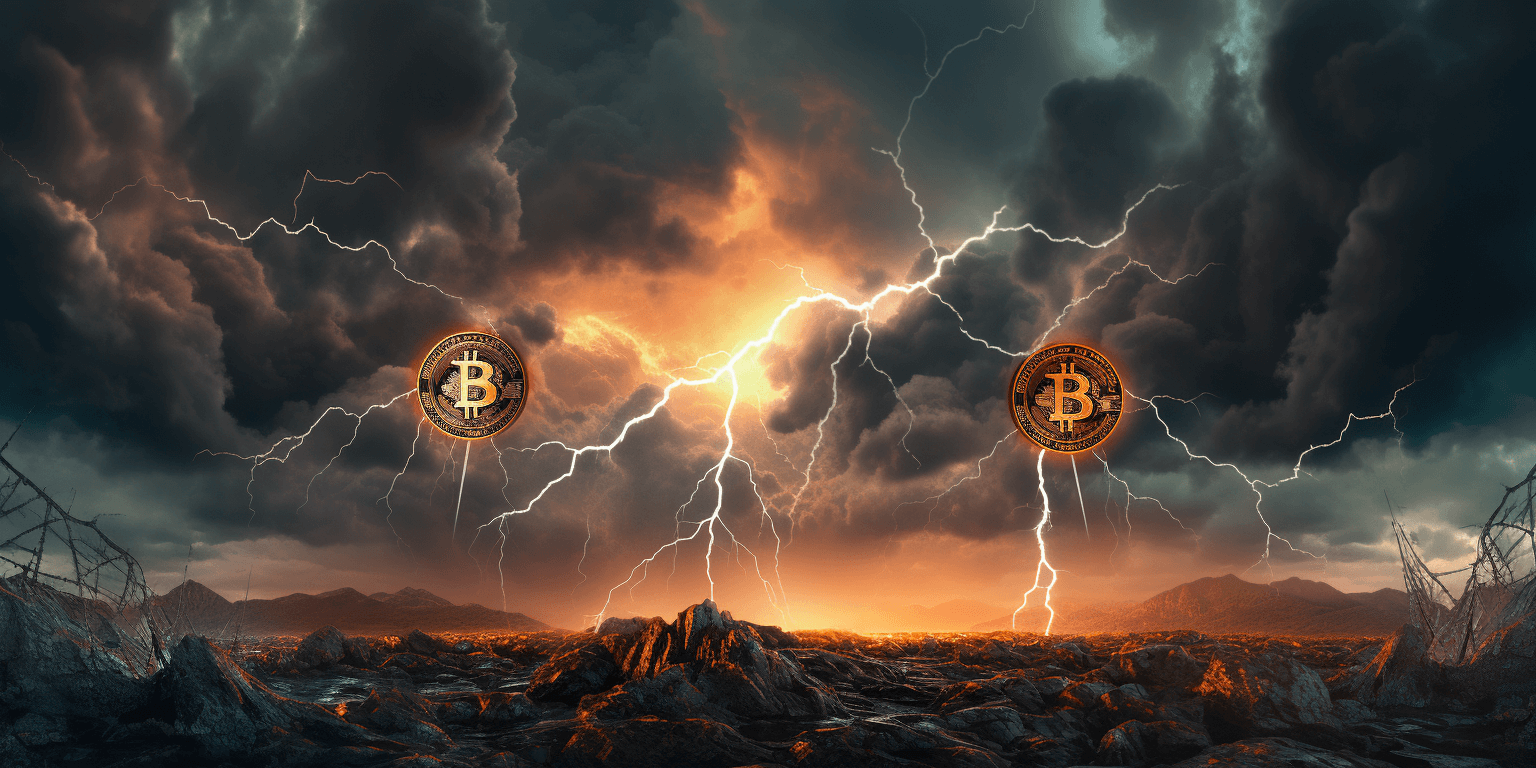 Sky with lightnings, BTC coins