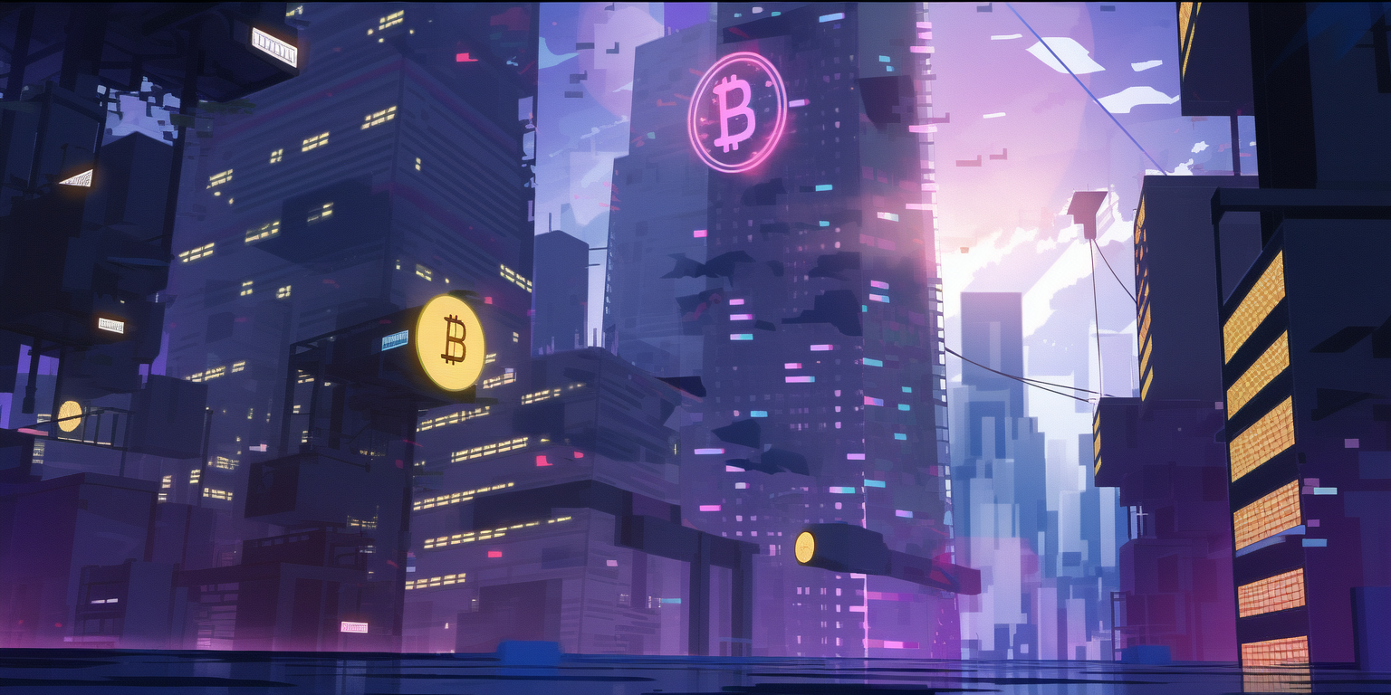 Skyscrapers with bitcoin symbols on the walls neon colors