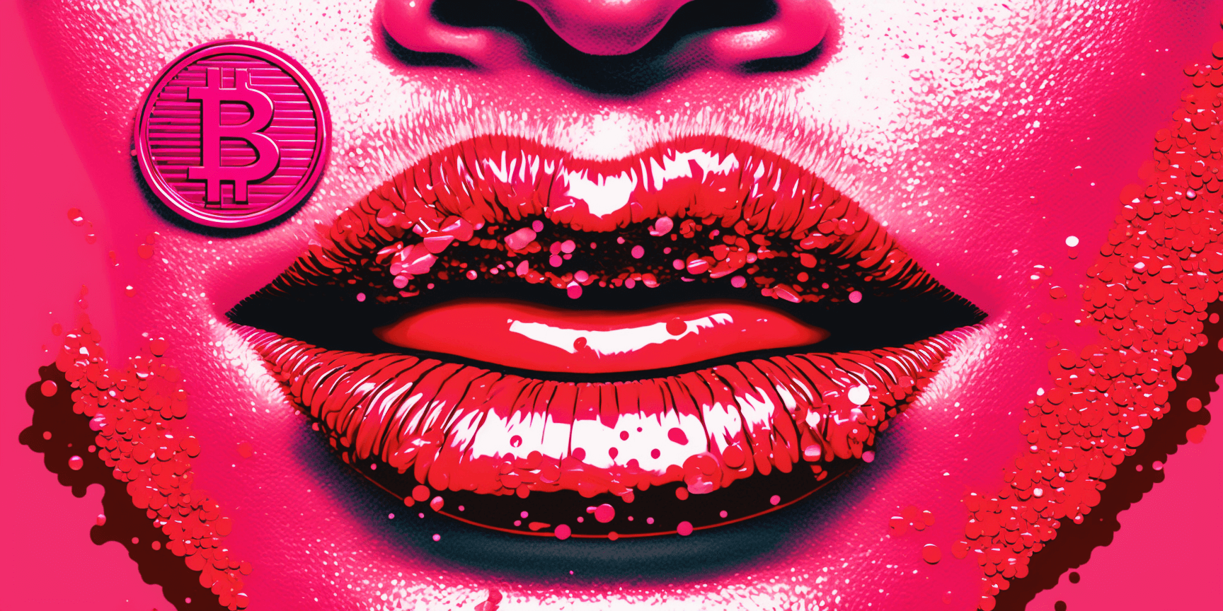 Pink Bitcoin with lipstick, art generated by Midjourney