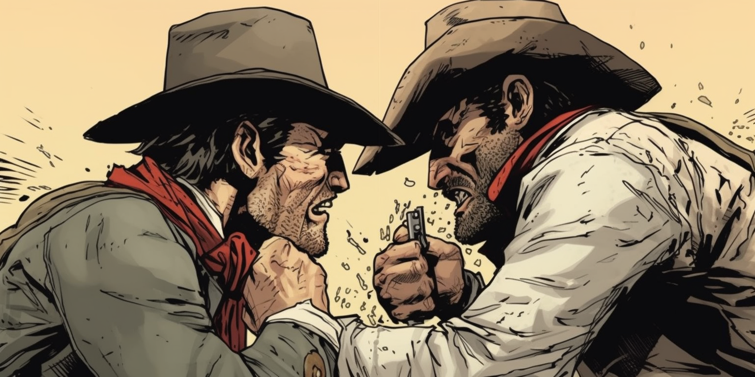 Two cowboys fighting with each other